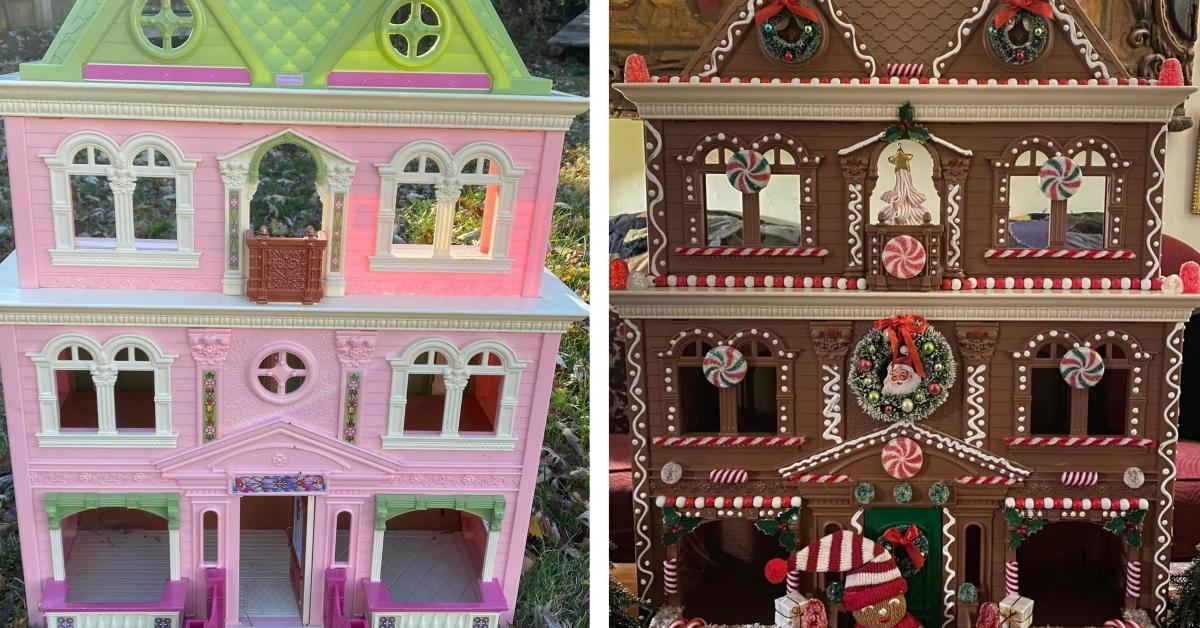 Girl Transforms Plastic Dollhouse into Christmas Décor