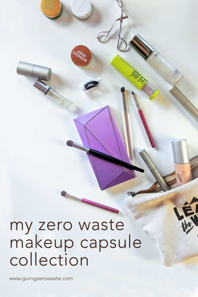 A photo of a scattered makeup kit with overlay text reading "my zero waste makeup capsule collection"